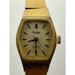 Pulsar V233-5320 Gold Tone 16MM 6.25" Analog‎ Women's Watch New Battery Q